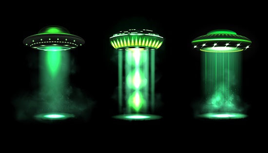 Realistic UFO, alien spaceship. Green glowing light beam, space futuristic Sci-fi technology, fantasy abduction, glow cosmic transport illumination, mystery spotlight ray. Vector 3d isolated set
