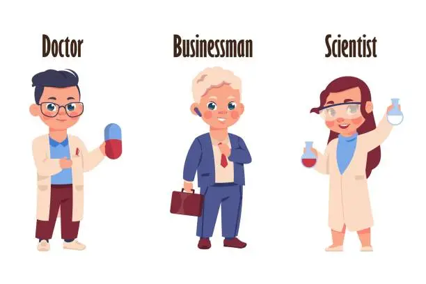 Vector illustration of Kids in uniform. Cute children with work tools. Doctor holding pill. Scientist with test tubes. Businessman in suit. Business employee. Researcher and physician. Vector professions set