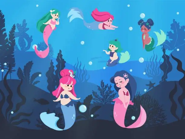 Vector illustration of Mermaids. Cartoon flat style isolated illustration. little sea princess with fish tail in deep ocean seascape. Underwater background with undersea seaweeds and swimming vector girls