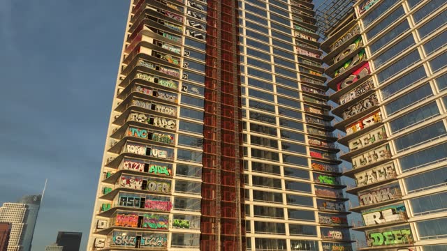 4K Aerial of Graffiti Tower in DTLA in February 2024, Los Angeles, California, USA