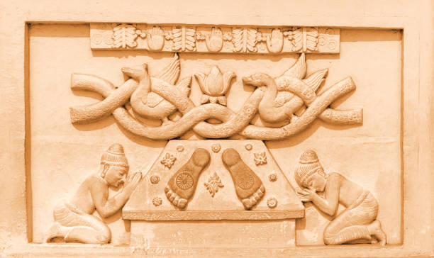 Depicts scene on wall at Buddhist stupa , Orissa, India.