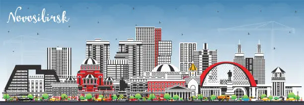 Vector illustration of Novosibirsk Russia city skyline with color buildings and blue sky. Novosibirsk cityscape with landmarks. Business travel and tourism concept with modern and historic architecture.