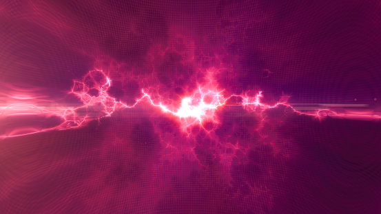 Red energy glowing magic waves and electric lightning charges high-tech digital iridescent liquid plasma with light rays lines and energy particles. Abstract background.