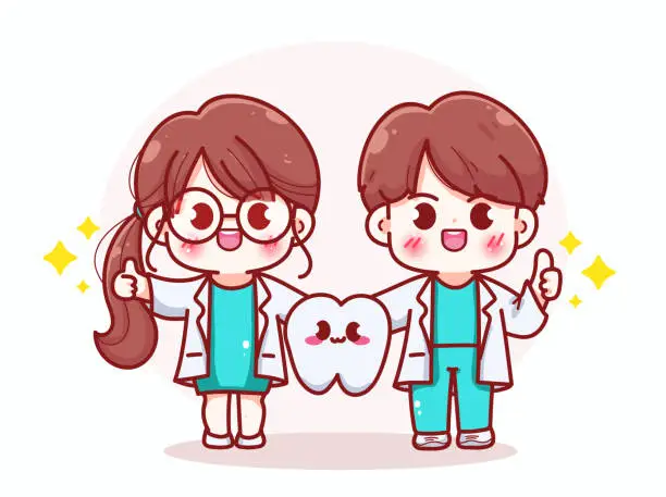 Vector illustration of Cute female dentist and male dentist holding teeth and gave a great thumbs up gesture hand drawn cartoon illustration