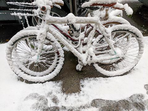 Snow covered Bicycles, New York City, NY, USA
