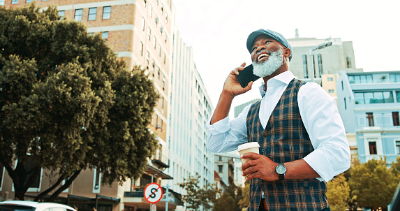 Phone call, senior man and coffee break in the city or communication, connection and networking with client. Businessman, conversation on cellphone and mobile app to connect, contact us and talk
