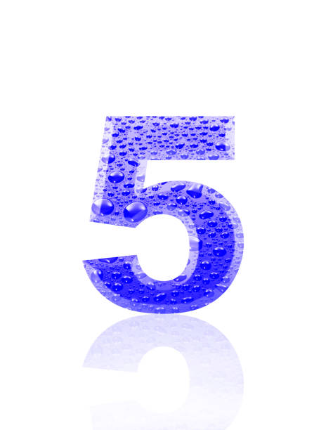 Close-up of three-dimensional water droplets number 5 on white background.