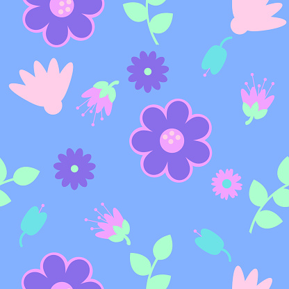Seamless floral pattern with lilac and pink flowers and mint green color leaves and flowers on blue background