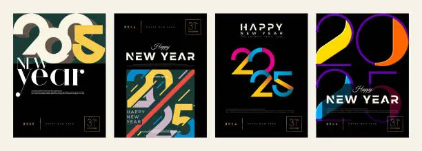 Vector illustration of Happy new year 2025 background with retro colorful nuances on a black background. Premium vector design for 2025 new year banner, poster, template.