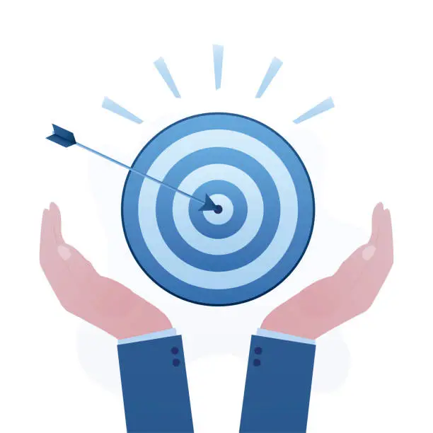 Vector illustration of Businessman hands hold target with arrow hit bullseye. Goal or target, focus and concentration to achieve success, motivation and ambitions