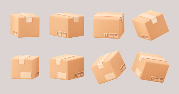 istock 3D cardboard closed box icon set with symbols isolated on gray background. Render delivery cargo box with fragile care sign symbol, handling with care, protection from water rain. 3d realistic vector 2062329440