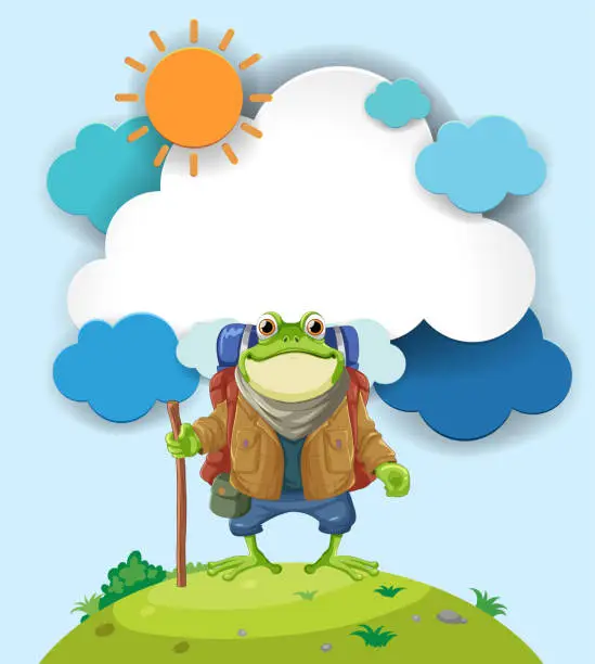 Vector illustration of Cheerful frog with backpack ready for adventure