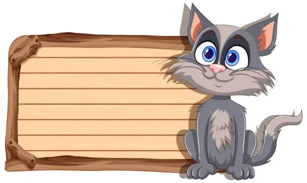 Vector illustration of Adorable cartoon cat sitting beside a signboard.