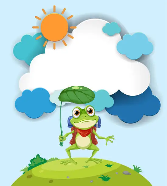 Vector illustration of Cheerful frog using a leaf as an umbrella.