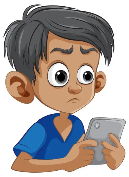 Vector illustration of Cartoon of a concerned young boy holding a tablet