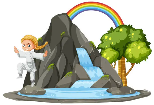 Vector illustration of Animated karate kid practicing moves near waterfall