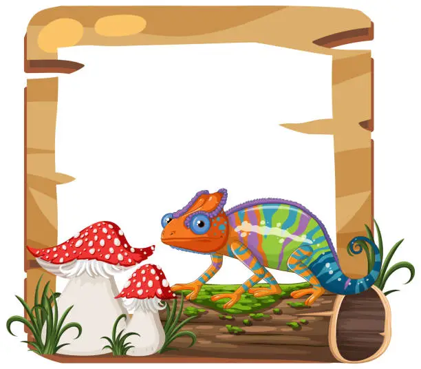 Vector illustration of Vibrant chameleon with mushrooms on a wooden frame.