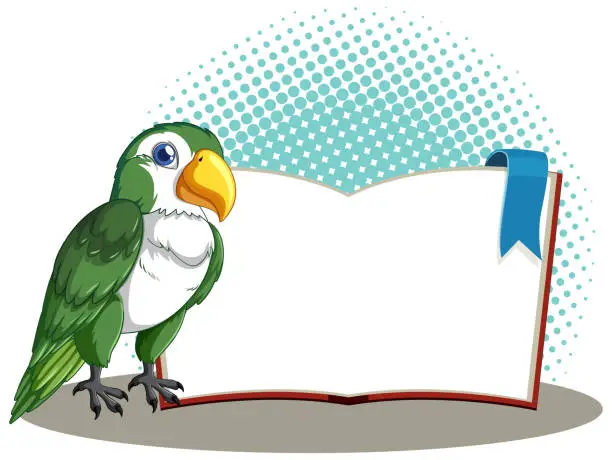 Vector illustration of Colorful parrot standing beside a blank open book