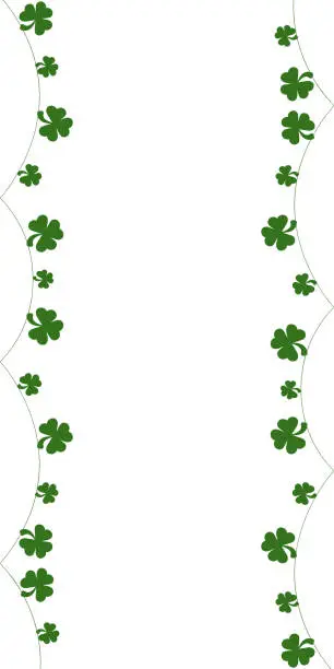 Vector illustration of St. Patricks Day vertical shamrock garland, string of clover leaves, green vector illustration isolated on white background. Saint Patrick's Day backdrop with green bunting pennants. Festive bunting with clover