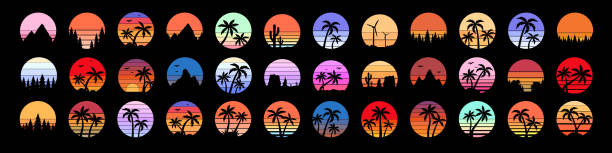 Retro 80s sunset with silhouettes.Retro Striped Circles.