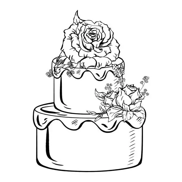 Vector illustration of A black and white line art drawing of a wedding cake with roses on top