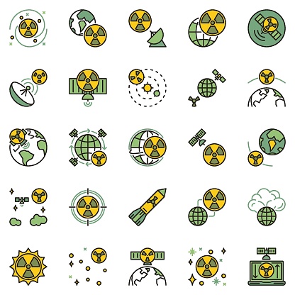 Nuclear Weapons in Space concept colored icons set. Nuclear Bomb, Space-Based Nukes, Radiation and Satellite Systems creatiive vector signs collection