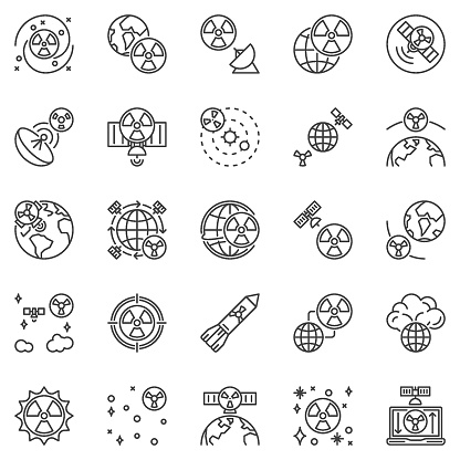 Nukes in Space outline icons set - Space-Based Nuclear Weapons, Missile and Satellite Systems thin line concept vector symbols