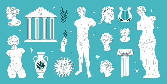 Greek statues. Ancient Rome, Roman historical elements, shapes and figures, male and female sculptures. Museum vase harp and column. Beautiful classic monument, vector illustration, tidy art icons