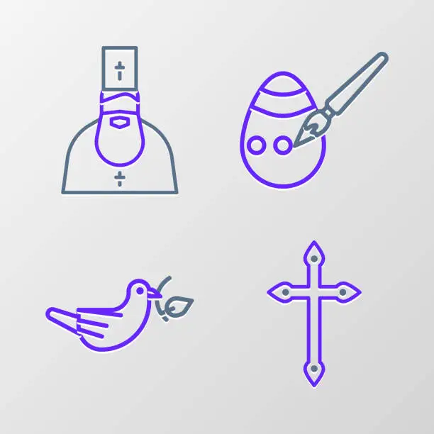 Vector illustration of Set line Christian cross, Peace dove with olive branch, Easter egg and paint brush and Priest icon. Vector