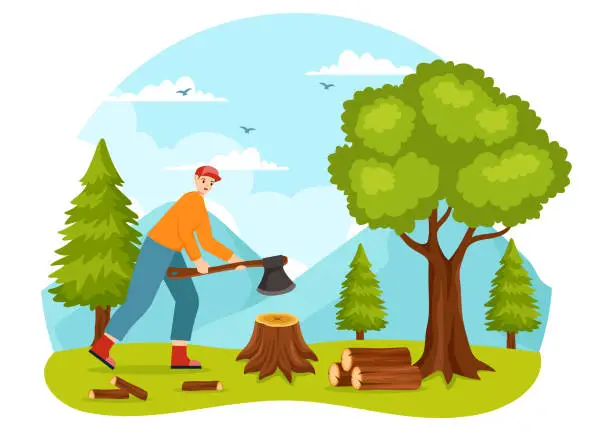 Vector illustration of Timber Vector Illustration with Man Chopping Wood and Tree with Lumberjack Work Equipment Machinery or Chainsaw at Forest in Flat Cartoon Background