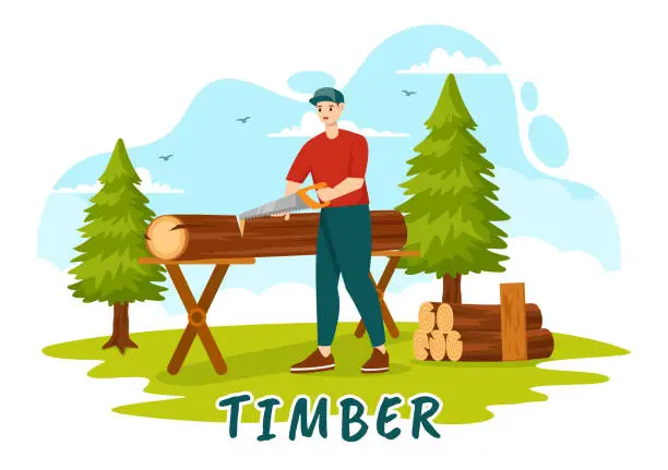 Vector illustration of Timber Vector Illustration with Man Chopping Wood and Tree with Lumberjack Work Equipment Machinery or Chainsaw at Forest in Flat Cartoon Background