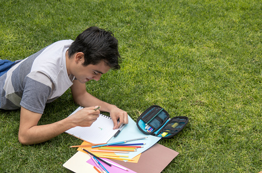 Male student lying on the grass writing in a notebook
