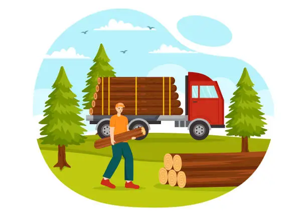 Vector illustration of Timber Vector Illustration with Man Chopping Wood and Tree with Lumberjack Work Equipment Machinery or Chainsaw at Forest in Flat Cartoon Background