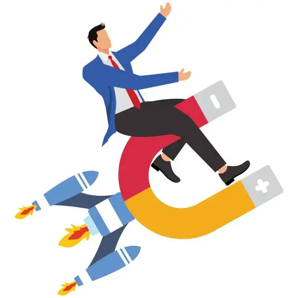 Vector illustration of Concept of Attraction, Businessman riding a big magnet