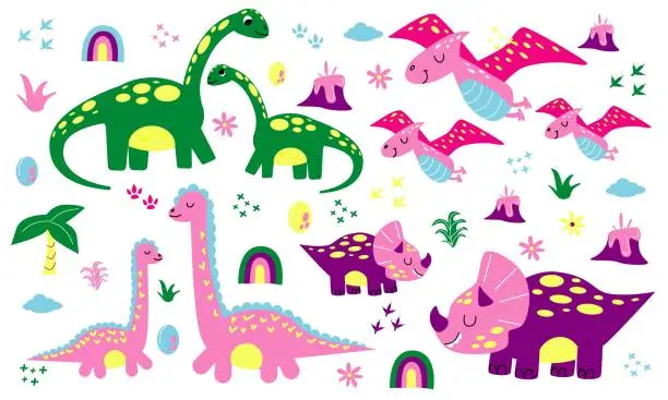 Vector illustration of Dinosaur family. Mom and child. Cute dino. Happy Jurassic animals. Funny children. Doodle style drawing. Nursery decorative elements. Rainbow and footprints. Cartoon flat isolated illustration