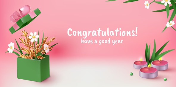 Flower box. Congratulations banner design. Aroma candles and blooming flowers. Birthday or anniversary celebration. Open present with bouquet. Plant leaves. Holiday gift. Vector festive background