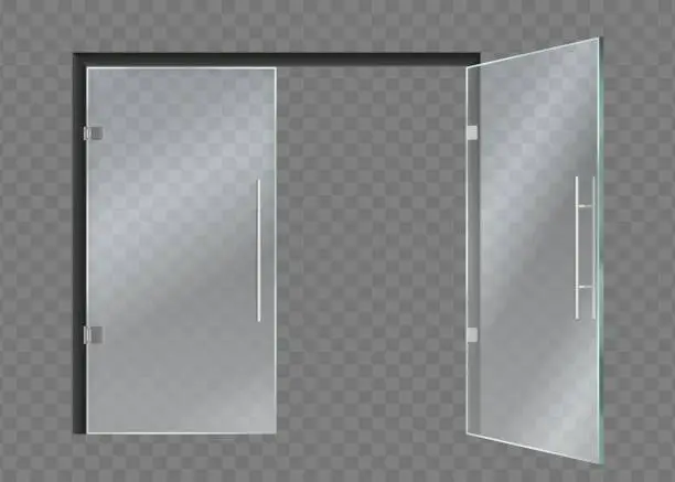 Vector illustration of Opening glass doors. 3D office or boutique doorways. Double transparent doorway. Showcase windows. Entrance of shop or storefront in mall. Front view. Vector realistic interior object