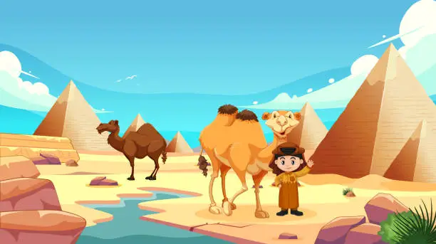 Vector illustration of Cartoon explorer with camels near ancient pyramids.