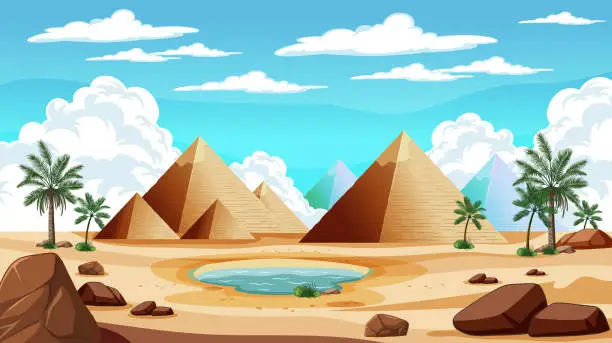 Vector illustration of Cartoon illustration of pyramids beside a desert oasis.