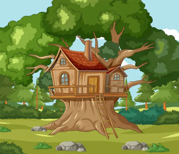 Vector illustration of Quaint wooden treehouse nestled among vibrant greenery