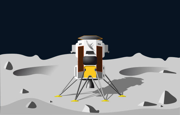 istock Lunar lander landing on a gray cratered landscape of the moon. Vector illustration 2062460651