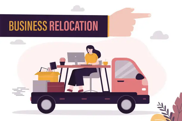 Vector illustration of Office relocation service. Employee at workplace rides on truck. Boss hand indicates new place of work. Change of business and office location. Relocation of business and human resources