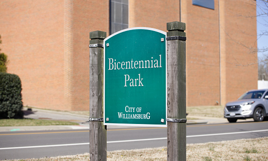 A Green Bicentennial Park Sign in Williamsburg, Virginia