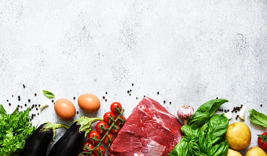 Farmers Market. Fresh vegetables and meat on a light background