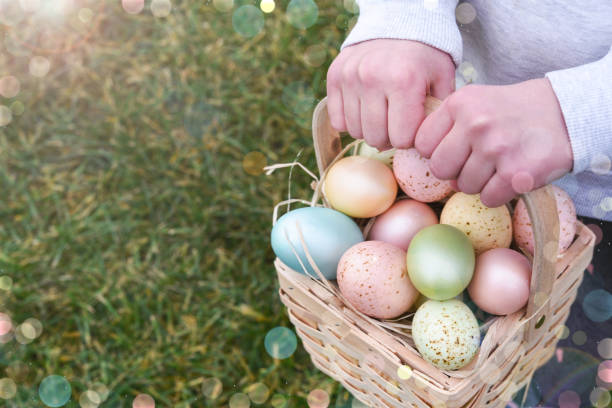 istock Easter basket with eggs in a child's hands 2062483978