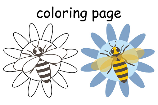 Vector Cute Bee on a blue flower Cartoon style illustration for coloring book