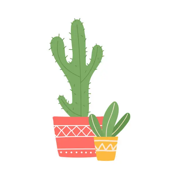 Vector illustration of Cactus in flowerpot flat vector illustration isolated on white background.
