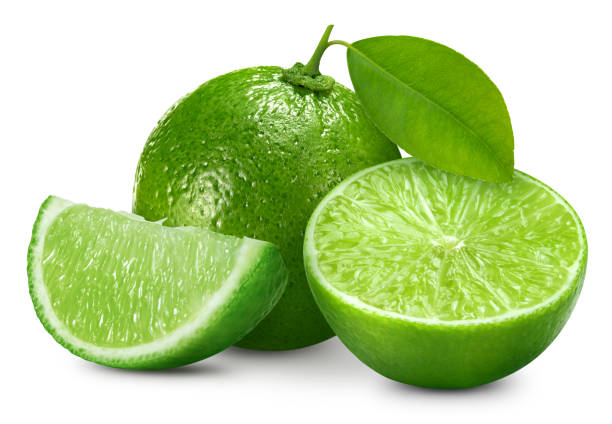 istock Ripe lime with green leaves isolated on white background 2062517191