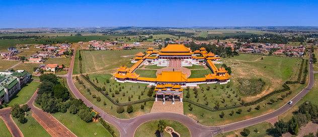 Fo Guang Shan Nan Hua Temple in Bronkhorstspruit seen from above showing the landscape and residential district.