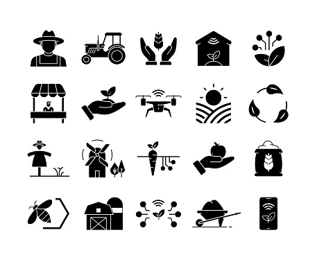 Smart Farming and Agriculture Solid Icon Set contains such icons as Farmer, Permaculture, Smart Farm, Sustainable Agriculture, Remote Sensing, Organic Farming, and so on.